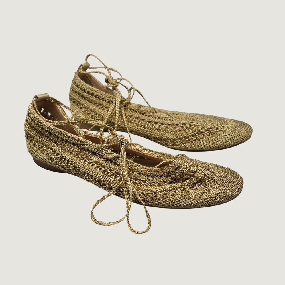On 34th Kassiani Ballet Flats Lace Up Crochet 6.5 Gold Metallic Knit Ghillie
